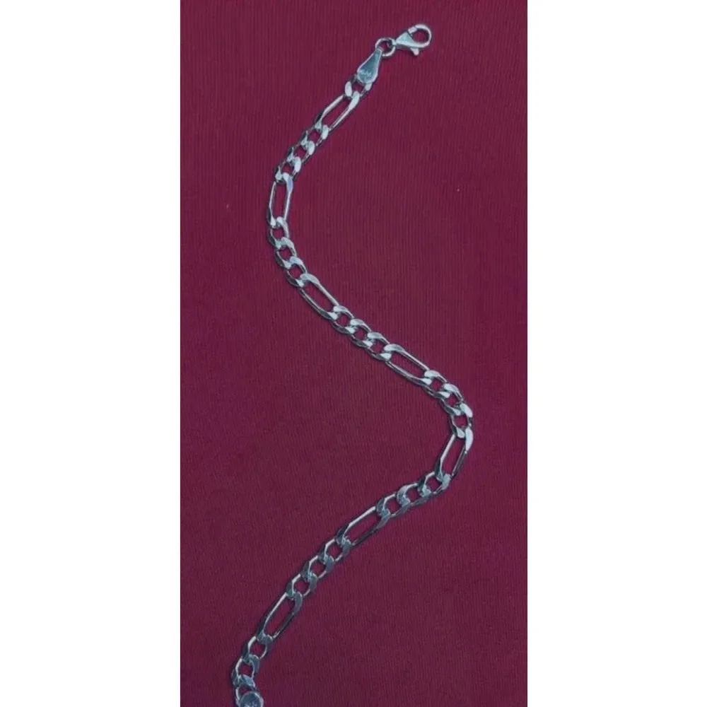 NEW Rhodium Plated 925 Sterling Silver‎ Figaro Chain Bracelet, 8”